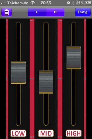 A screenshot of an iOS device displaying a sound equalizer. There are three separate slides, labeled "Low," "Mid," and "High." There are also various menu buttons shown at the top of the screen.
