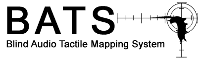 Product logo for Blind Audio Tactile Mapping System featuring B-A-T-S in large black letters with  Blind Audio Tactile Mapping System written below it. Also to the right is a radar-type measurement featuring 2-axis drawn segments with a black silhouette form in the target.