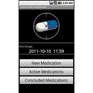 Medication Reminder screen featuring a date and time for the next dosage and buttons that include, among other, options to add new medication and to activate medications.