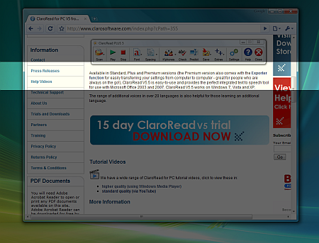 Screenshot of ScreenRuler applying a reading guide over a webpage. The guide darkens the whole page except for a horizontal strip, which acts as a spotlight on the section of text the user is currently reading.