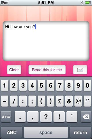 Text input window with menu buttons labeled from left to right "clear," "read this for me," and an email icon button above a qwerty keyboard.