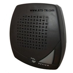 A rectangular black device with curved edges and a built-in speaker.