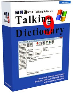 Angled view of software box, with white bar across the top and blue on the bottom, which shows a screenshot of a word lookup search.