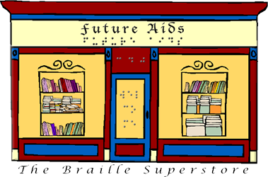Drawing of bookstore storefront with red walls, a blue door frame, and large orange windows containing bookshelves built with books on them.