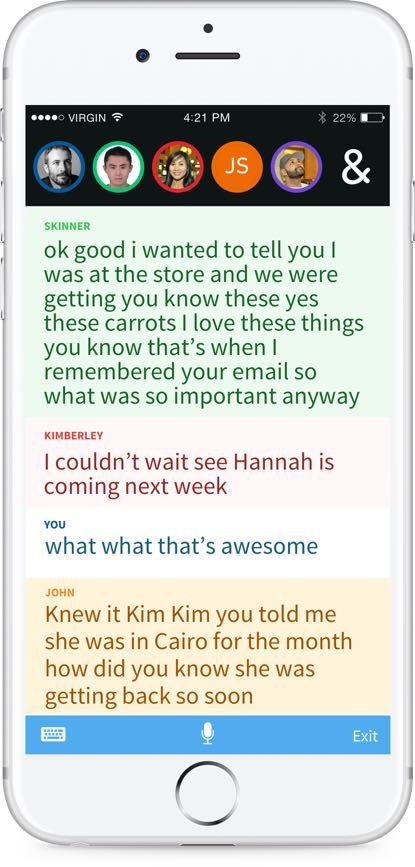 Ava smartphone interface with chat with 5 pics of different individuals, each with having a different color circle. Below this is the conversations written with each name and text in the corresponding color as the circled pic.