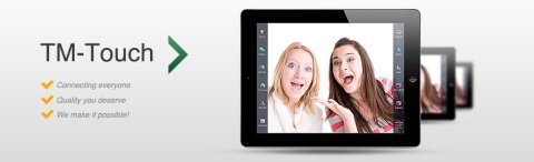 Long rectangular block with product name and a three line list of features on the left, and a tablet display showing two women's faces on the right, and two more displays behind that.