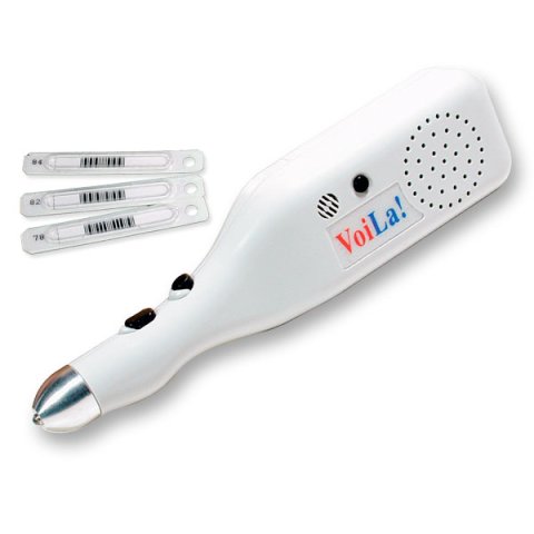 Plastic pen-like handheld tool with a metal tip and 2 small button at top.
