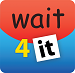Square app logo with red on top the lowercase word wait, with blue on the bottom and the number 4 next to the black lettering it in a white box.