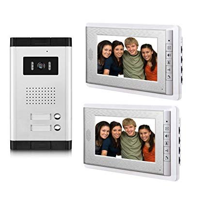 Two video display screens shown with a separate intercom component.
