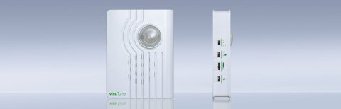 Front view of white rectangular device with button just above the speaker; a side view shows various ports. for connecting the device.