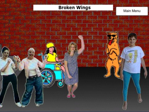 Cutout photos of people dancing on a gray floor with a red brick wall behind them.