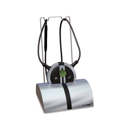 Black neckloop cord attached to receiver and placed in silver docking station.