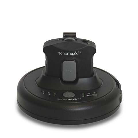 Black pocket receiver with dial on top, mic button in the middle, and menu options at the round base.