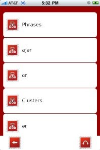 Screenshot of a red and white iOS app interface with different phrases listed, such as "ajar," "or," "Clusters," and "ar."