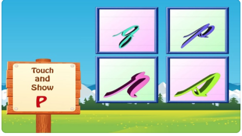 An animated mountain and sky scene with the letters "a," p," "r," and "s" in four different boxes to the right. To the left, a signpost reads "Touch and show "P."