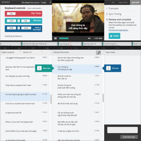 Screenshot of a multi-pane window with a video at the top, and three different panes with subtitles in different languages.