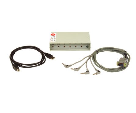 Picture of a black coiled USB cable on the left, a small, beige rectangular device in the center with six ports, and four coiled connector cables on the right.