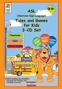 Cover of the set featuring a smiling dog in the lower right holding three balloons with the names of the stories and a school bus in the background.
