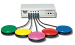 Processing device to which 5 different colored (green, yellow, pink, red and blue) mice substitutes are attached.