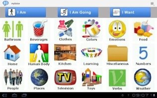 Screenshot of a 3x6 grid of colorful communications symbols and menu across the top.