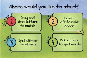 Screenshot of starting page featuring a colorful drawing and four options to start the game.