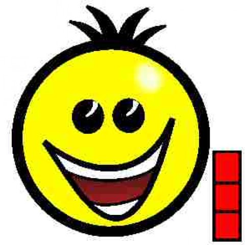 A large, round yellow smiling face inside a black circle with a small vertical bar of three squares on the lower left.