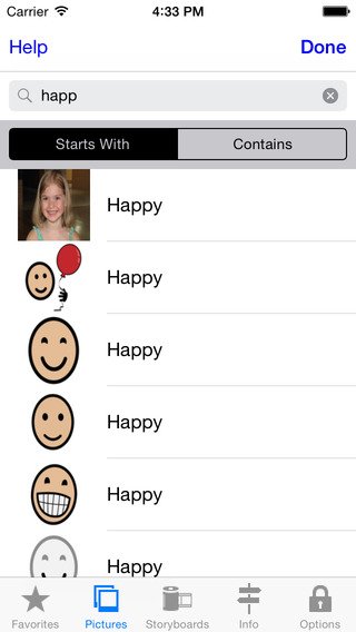 Screenshot showing search options as a list of words with associated photos and icons.