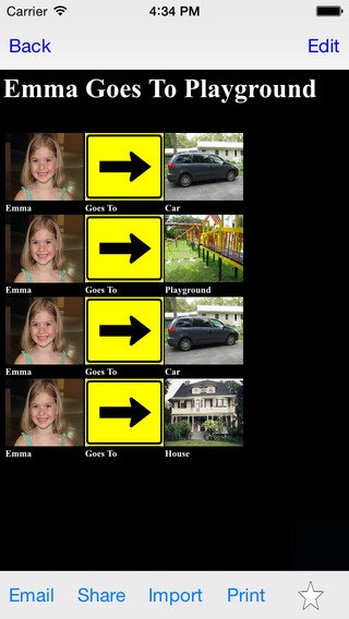 Screenshot showing with photos a sequence of steps below the phrase, "Emma goes to playground".