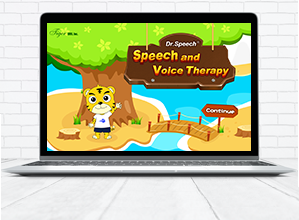 Laptop open to main software's main screen showing a colorful drawing of a boy with a lion's face waving and standing in front of a tree next to a creek with a footbridge.