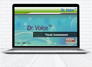 Laptop computer drawing with the screen up and showing the launch page for the Dr. Voice Vocal Assessment application.