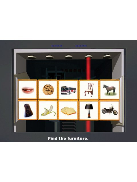 Screenshot of a dark software interface with a grid of 10 bright icons depicting various objects, with a subtitle underneath reading "Find the furniture."