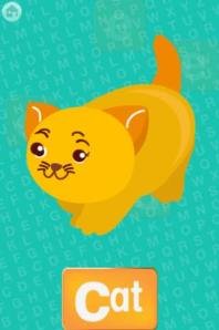 Teal screen with an illustration of an orange cat, with the word "Cat" underneath in orange and white font.
