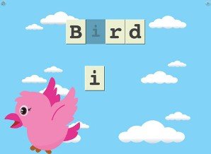 Screenshot of a drawing of a pink bird in the lower-left corner with block letters spelling bird across top against a background of the sky with clouds.
