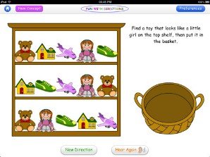 Colorful drawing of a bookshelf of toys with three levels with instructions on the right and a basket below them.