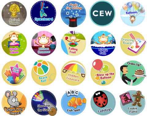 Large white square filled with a 4x5 grid of circular images representing game choices. Each image features a drawing of a different game and the game's name.