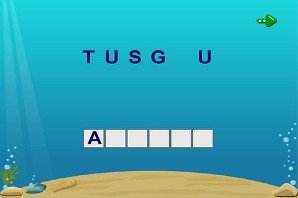 Screenshot of an underwater scene with six white squares and the one of the far left has a letter in it.
