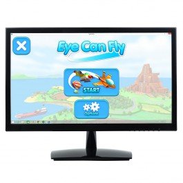 A computer monitor with a display showing the program's start page with an image of an island behind it.