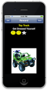 Picture of an iPhone showing app display a reward screen with a green toy truck and the task title "Get Dressed Yourself".