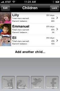 Screenshot showing list of three children's names with their pictures on the left and their number of stars earned below their names.