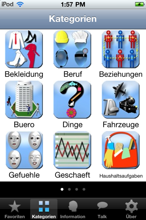 VocaBeansLite AAC board screen with a colorful screen divided into a 3x3 grid with a light blue header and a thick white label titled " Kategorien". The grid shows the titles and images of nine games.
