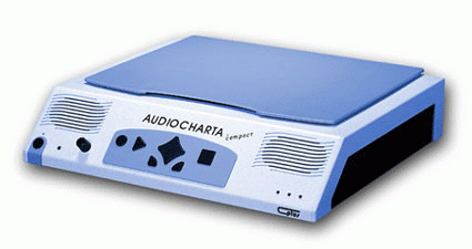 A rectangular device with control buttons and speakers on front face and a document scanning platform on the top. 