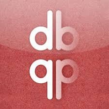 Red square with the letters db in the center outlined in white and flipped below them is the same letters, upside down.