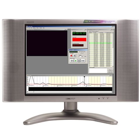 Picture of TV on a stand with the display showing the software, which has a listing on the right and a sound graph along the bottom.