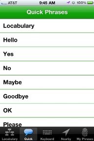 Screenshot showing a list of quick phrases and a menu bar across the bottom.