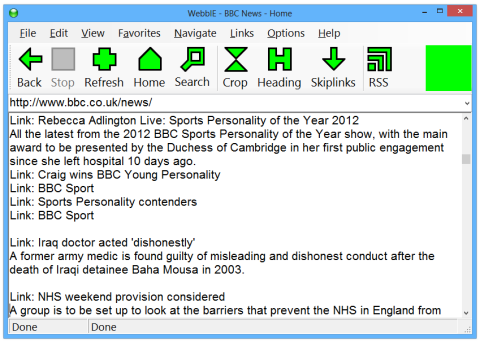 Screenshot of browser with large green icons on the top, navigation bar to refresh, go back, go home, search, crop, heading, and going to the RSS feed.