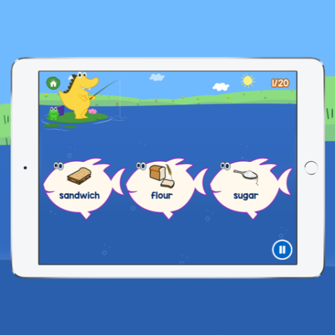Screenshot showing a drawing of a dinosaur fishing from a lily pad on a lake with three large white fish across the bottom with words and images in them.