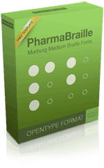 A bright green software box with the words "PharmaBraille" at the top in black font and white circle graphics meant to represent Braille dots below.