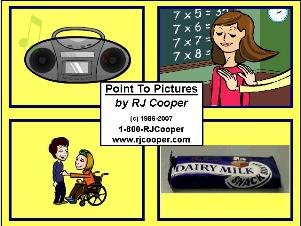 Square yellow image with a grid of four drawings, showing a boombox, a girl in front of chalkboard, a girl in a wheelchair reaching out to a boy, and a candy bar.
