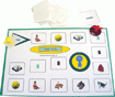 Picture of a board game with a white background and large square spaces with various images on them.
