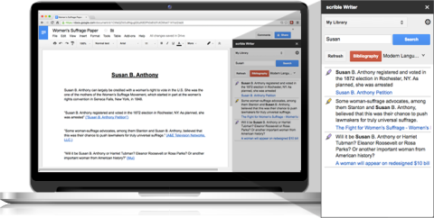 A laptop displaying a Google Drive article, and a smartphone display pictured alongside displaying the same document, demonstrating that Scrible content syncs across devices.